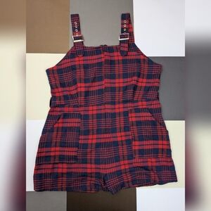 Shein Red & Navy Blue Tartan Plaid Romper with Adjustable Straps